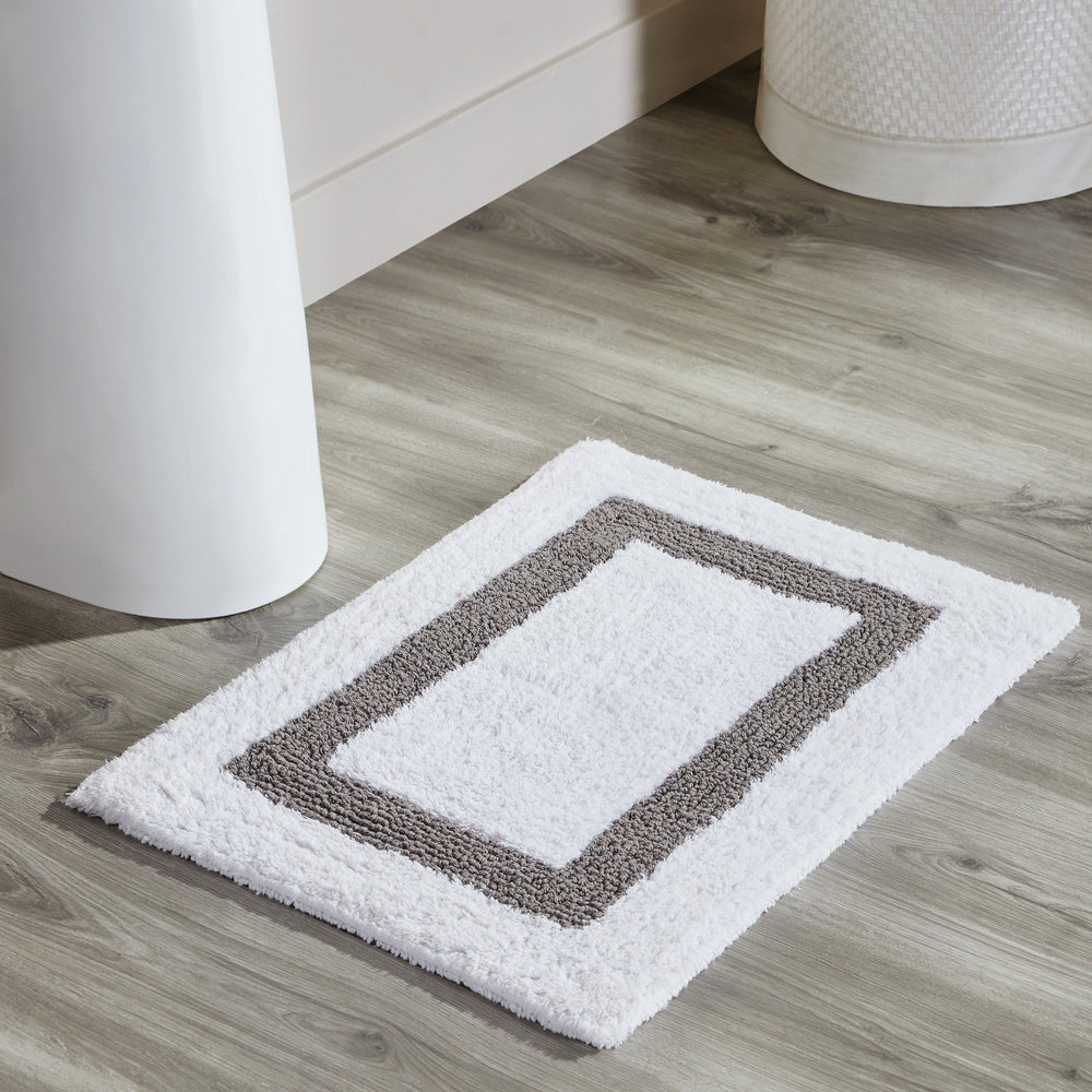 Better Trends 100% Cotton Hotel Collection Bath Mats, White & Gray - Tufted, Reversible & Absorbent & Machine Washable Bath Mats for Bathroom Floor, Shower & Sink Bath Mat Rug, 17