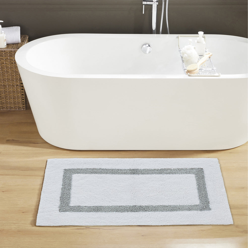 Better Trends 100% Cotton Hotel Collection Bath Mats, White & Blue Bath Mat - Tufted, Reversible & Absorbent & Machine Washable Bath Mats for Bathroom Floor, Shower & Sink, 24