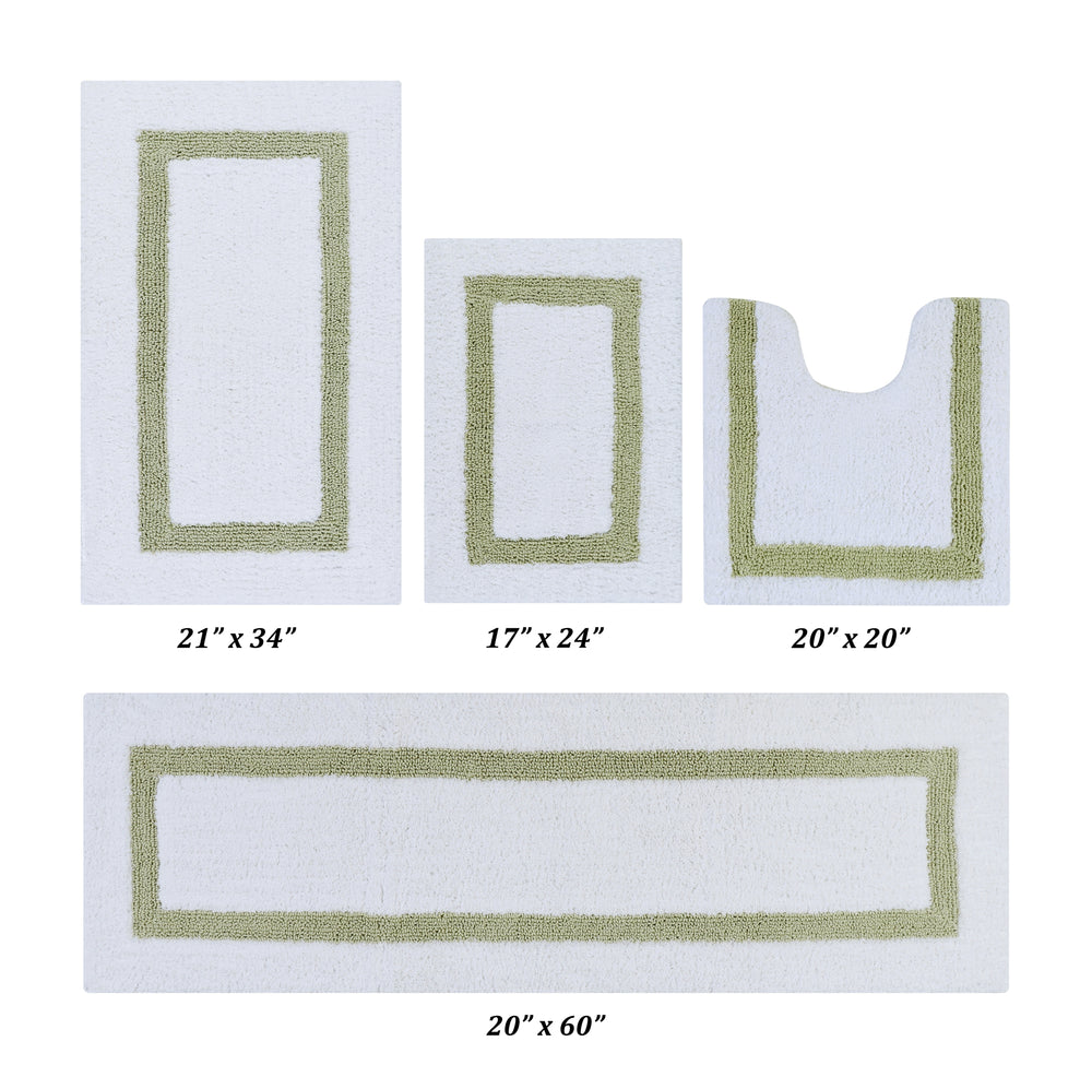 Better Trends 100% Cotton Hotel Collection Bath Mats Set, White & Sage Mats - Tufted, Reversible & Absorbent & Machine Washable 4 Piece Bathroom Rug Set, Toilet Base, Runner for Tub, Shower
