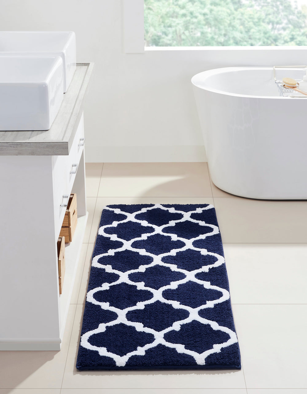 Marrakesh Bath Rug - 100% Polyester, Reversible Tufted Bath Mat with Marrakesh & Stripe Pattern