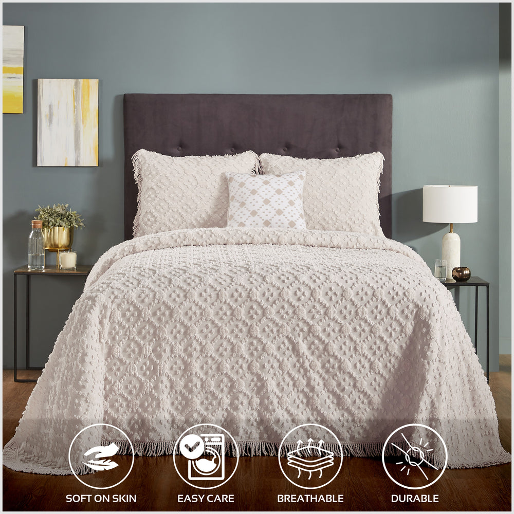 
                      
                        Charleston 100% Cotton Soft & Plush Chenille Tufted Diamond Pattern Unique Luxurious 4 Piece Bedspread & Sham Set, All-Season, Machine Washable Coverlet Set
                      
                    