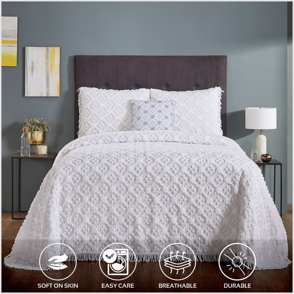 
                      
                        Charleston 100% Cotton Soft & Plush Chenille Tufted Diamond Pattern Unique Luxurious 4 Piece Bedspread & Sham Set, All-Season, Machine Washable Coverlet Set
                      
                    