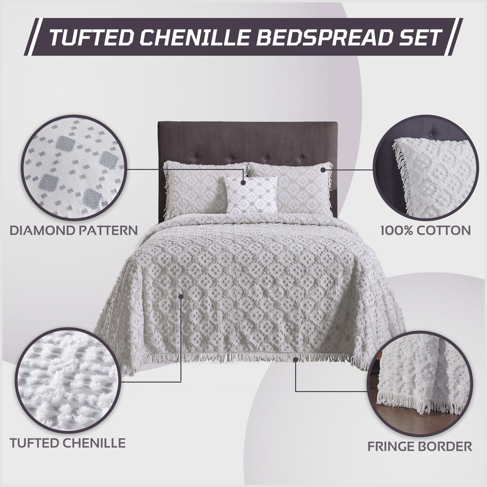 
                      
                        Charleston 100% Cotton Soft & Plush Chenille Tufted Diamond Pattern Unique Luxurious 4 Piece Bedspread & Sham Set, All-Season, Machine Washable Coverlet Set
                      
                    