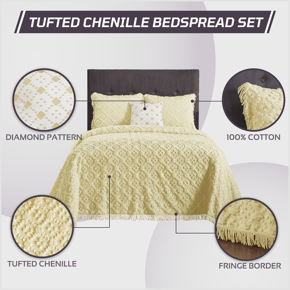 
                      
                        Charleston 100% Cotton Soft & Plush Chenille Tufted Diamond Pattern Unique Luxurious 4 Piece Bedspread & Sham Set, All-Season, Machine Washable Coverlet Set
                      
                    