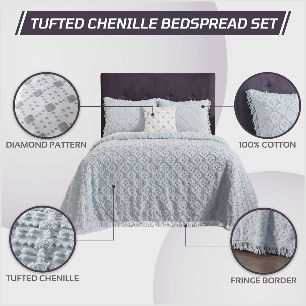 
                      
                        Charleston 100% Cotton Soft & Plush Chenille Tufted Diamond Pattern Unique Luxurious 4 Piece Bedspread & Sham Set, All-Season, Machine Washable Coverlet Set
                      
                    