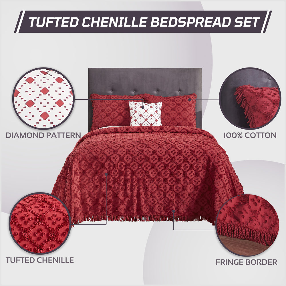 
                      
                        Charleston 100% Cotton Soft & Plush Chenille Tufted Diamond Pattern Unique Luxurious 4 Piece Bedspread & Sham Set, All-Season, Machine Washable Coverlet Set
                      
                    