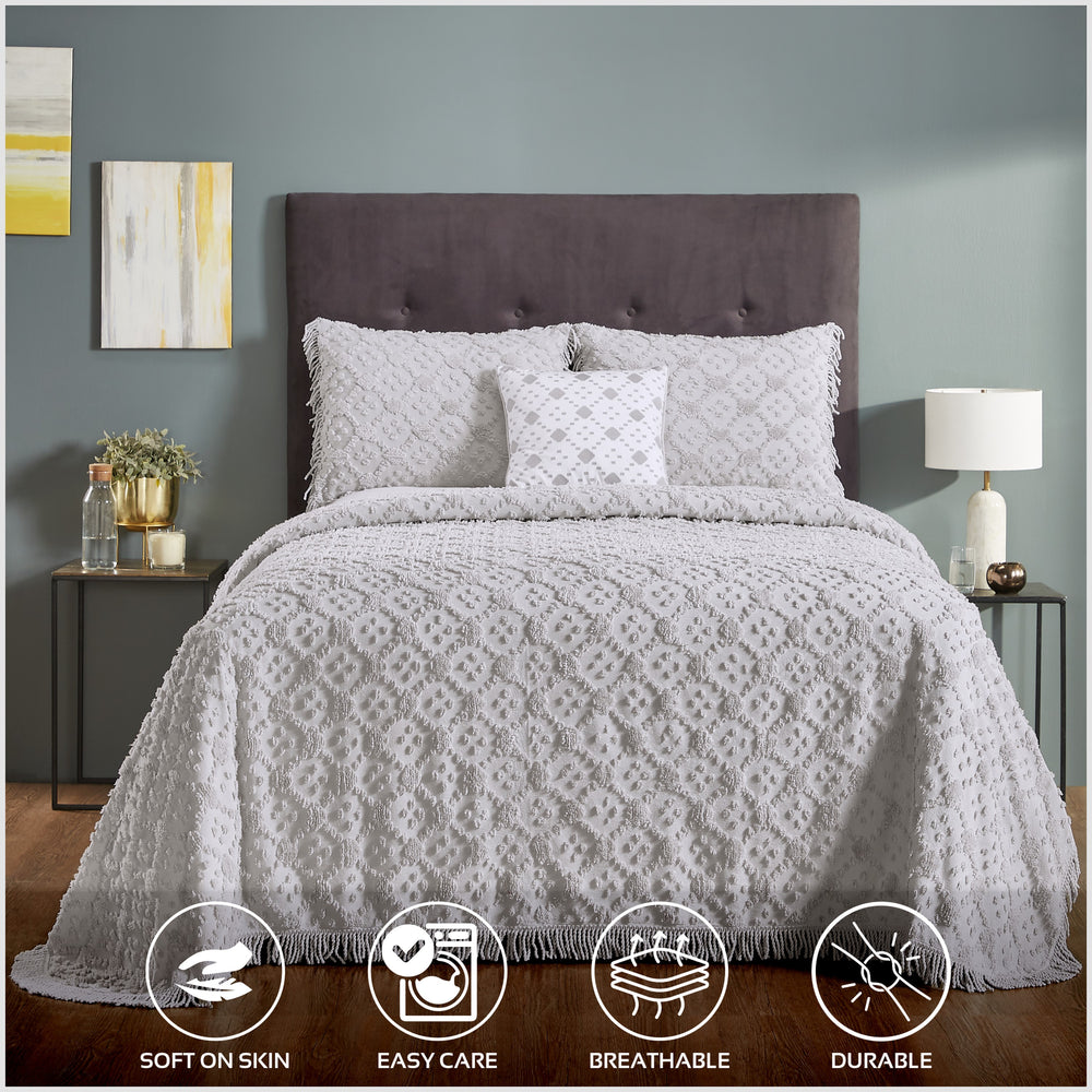 
                      
                        Charleston 100% Cotton Soft & Plush Chenille Tufted Diamond Pattern Unique Luxurious 4 Piece Bedspread & Sham Set, All-Season, Machine Washable Coverlet Set
                      
                    