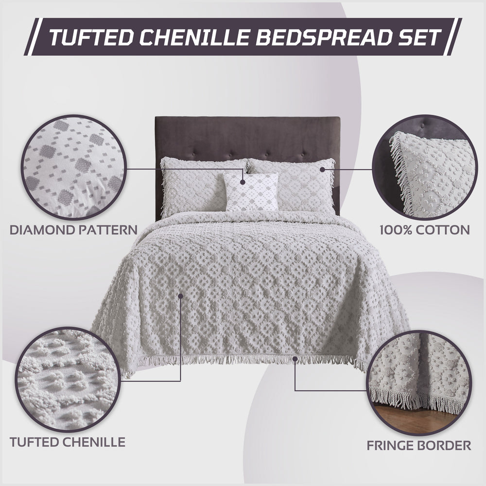 
                      
                        Charleston 100% Cotton Soft & Plush Chenille Tufted Diamond Pattern Unique Luxurious 4 Piece Bedspread & Sham Set, All-Season, Machine Washable Coverlet Set
                      
                    
