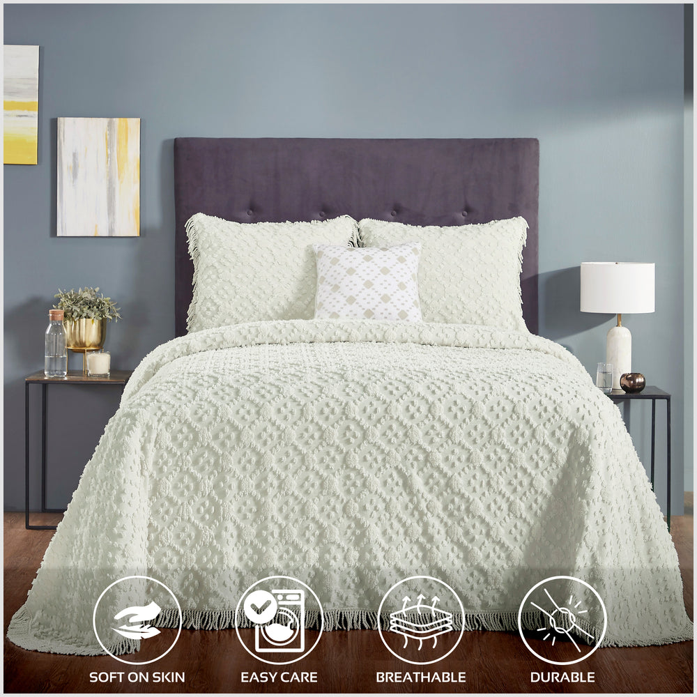 
                      
                        Charleston 100% Cotton Soft & Plush Chenille Tufted Diamond Pattern Unique Luxurious 4 Piece Bedspread & Sham Set, All-Season, Machine Washable Coverlet Set
                      
                    