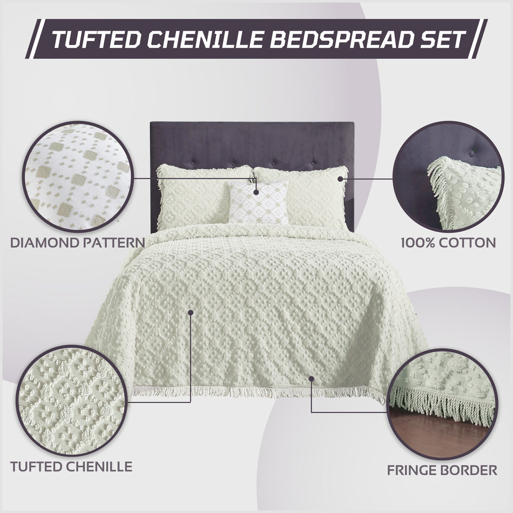 
                      
                        Charleston 100% Cotton Soft & Plush Chenille Tufted Diamond Pattern Unique Luxurious 4 Piece Bedspread & Sham Set, All-Season, Machine Washable Coverlet Set
                      
                    