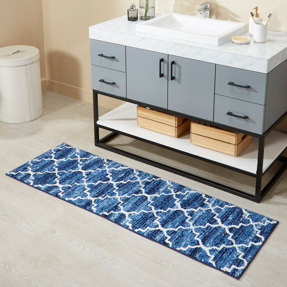
                      
                        Better Trends Savio Collection 20" x 60" Runner Rug, Non Slip Bath Mat & Washable Bathroom Rugs, 100% Polyester Premium Bathroom Floor Mat, Perfect Bath Mats for Bathroom - Blue Bathroom Rugs
                      
                    